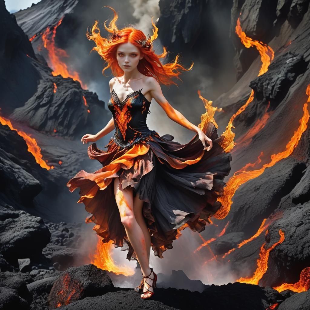 Fire-Haired Pixie Fairy Dances on Volcano