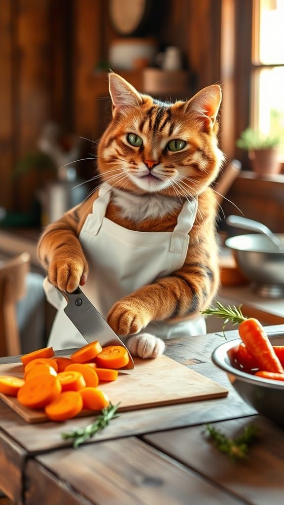 Cozy Whimsical Kitchen Scene with a Precise Feline Chef