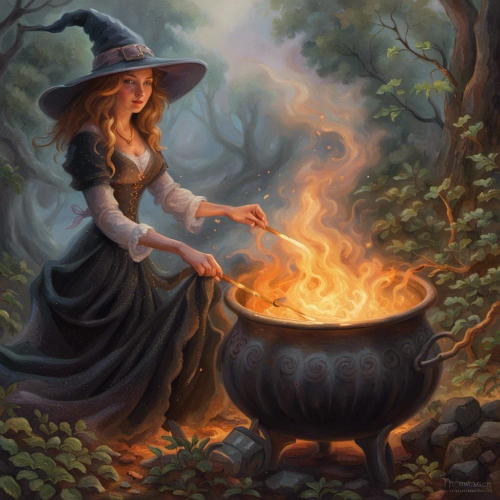 Pretty Witch Brews Potion in Misty Forest