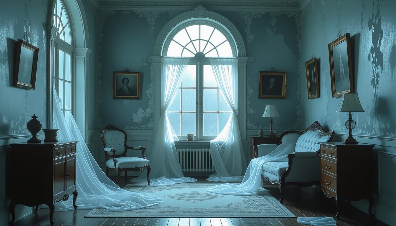 Ethereal Victorian Room with Spectral Spaghetti Creatures