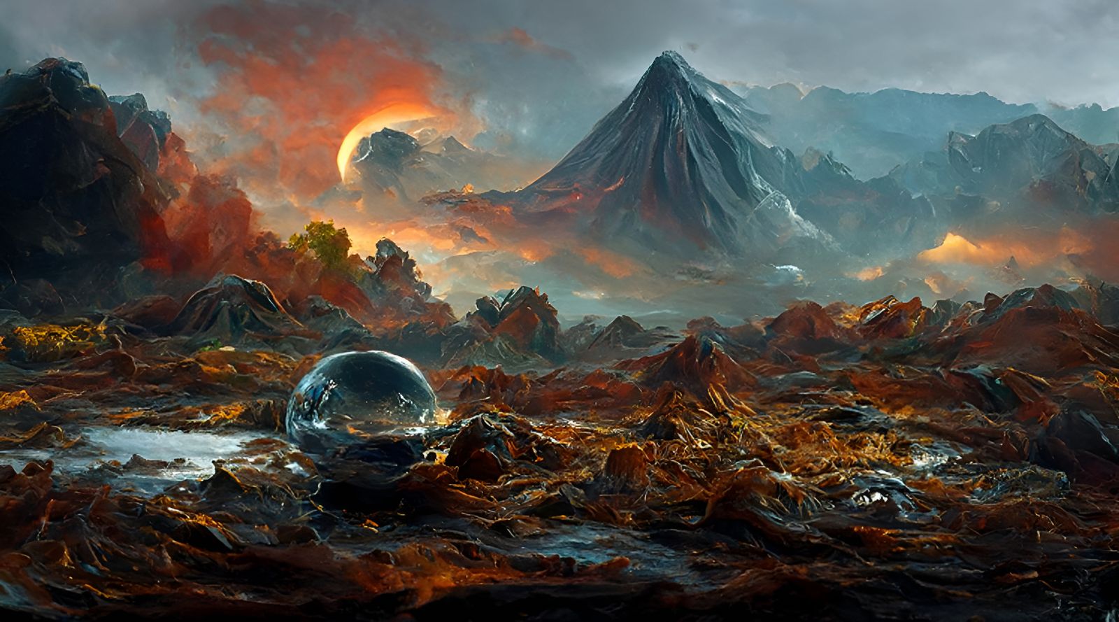 Volcanic Alien Planet Landscape in Oil Painting Style