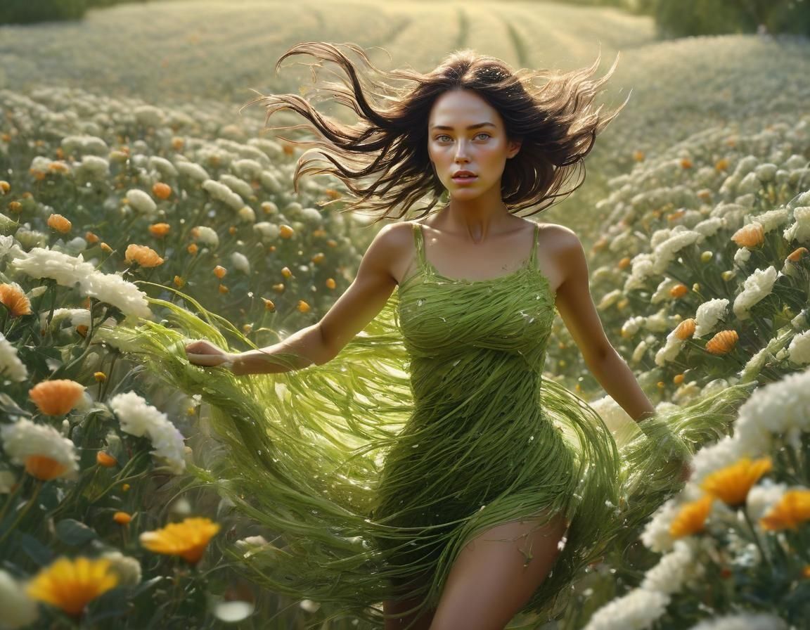 Woman in Avocado Dress, Dreamy Impressionist Style