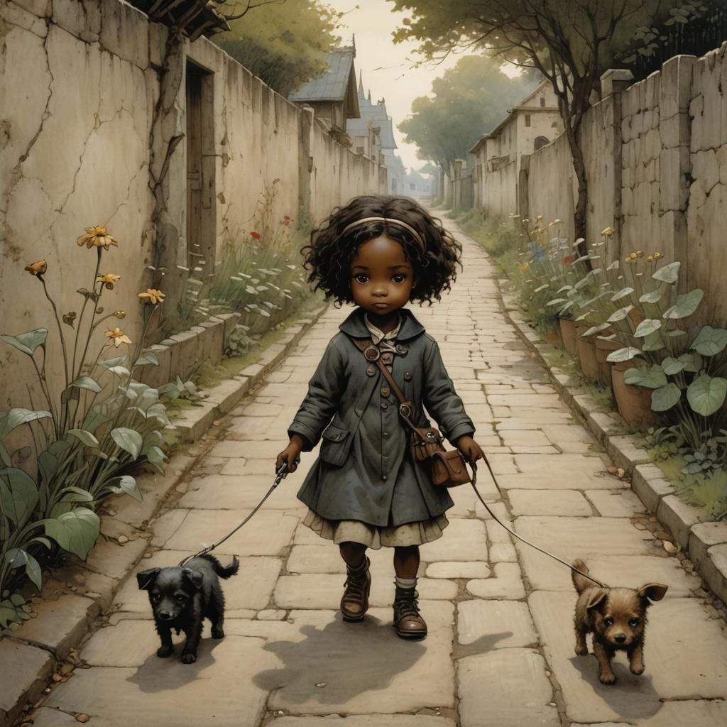 Girl and Puppy in Whimsical Illustration