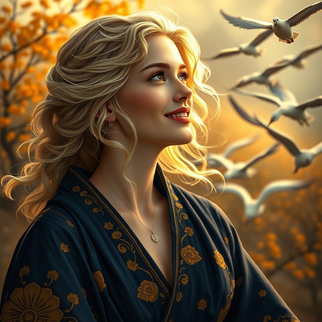 Ethereal Blonde Woman Gazing at Wild Geese in Flight