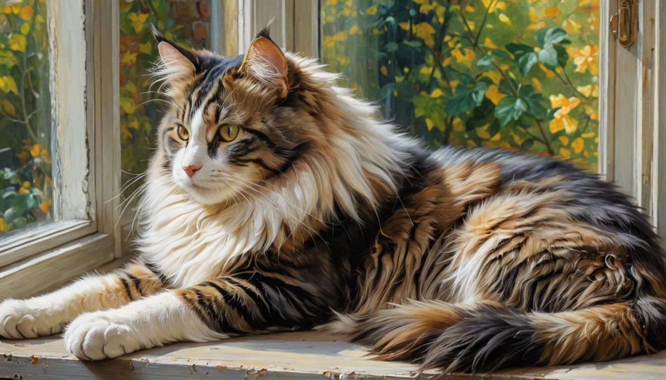 Norwegian Forest Cat Sunbathing: Oil Painting