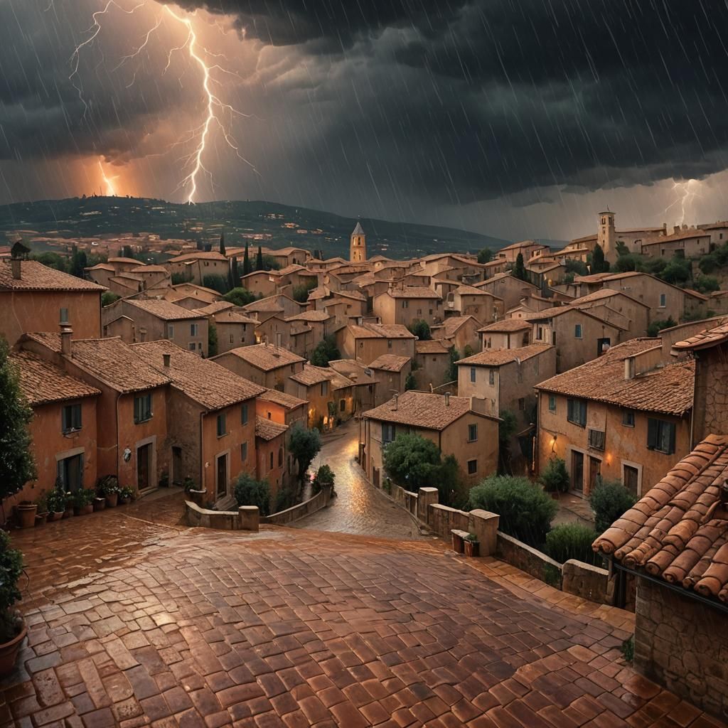Provençal Village Under Thunderstorm Sky in Fantasy Art