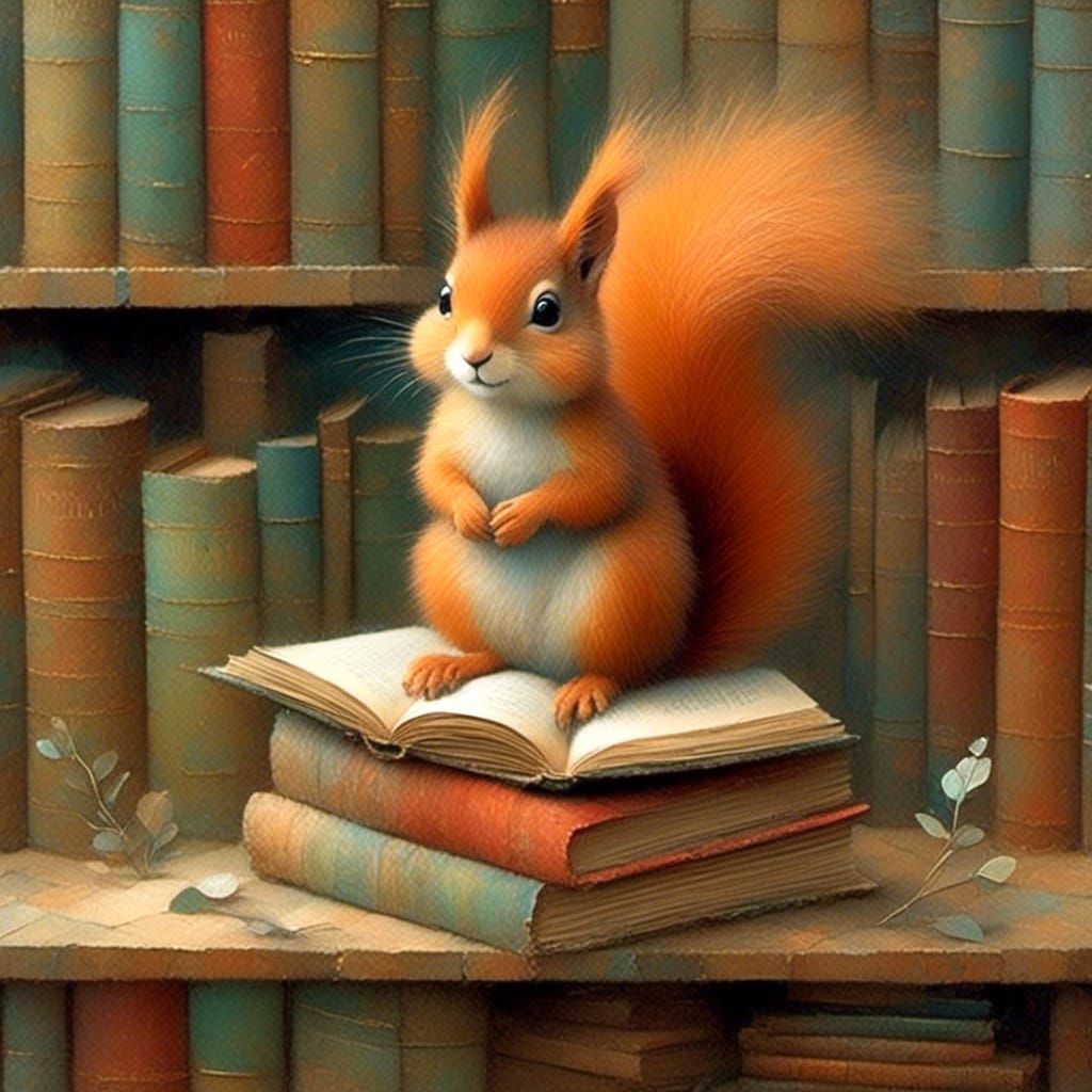 Squirrel in Bookstore, Art Nouveau Illustration