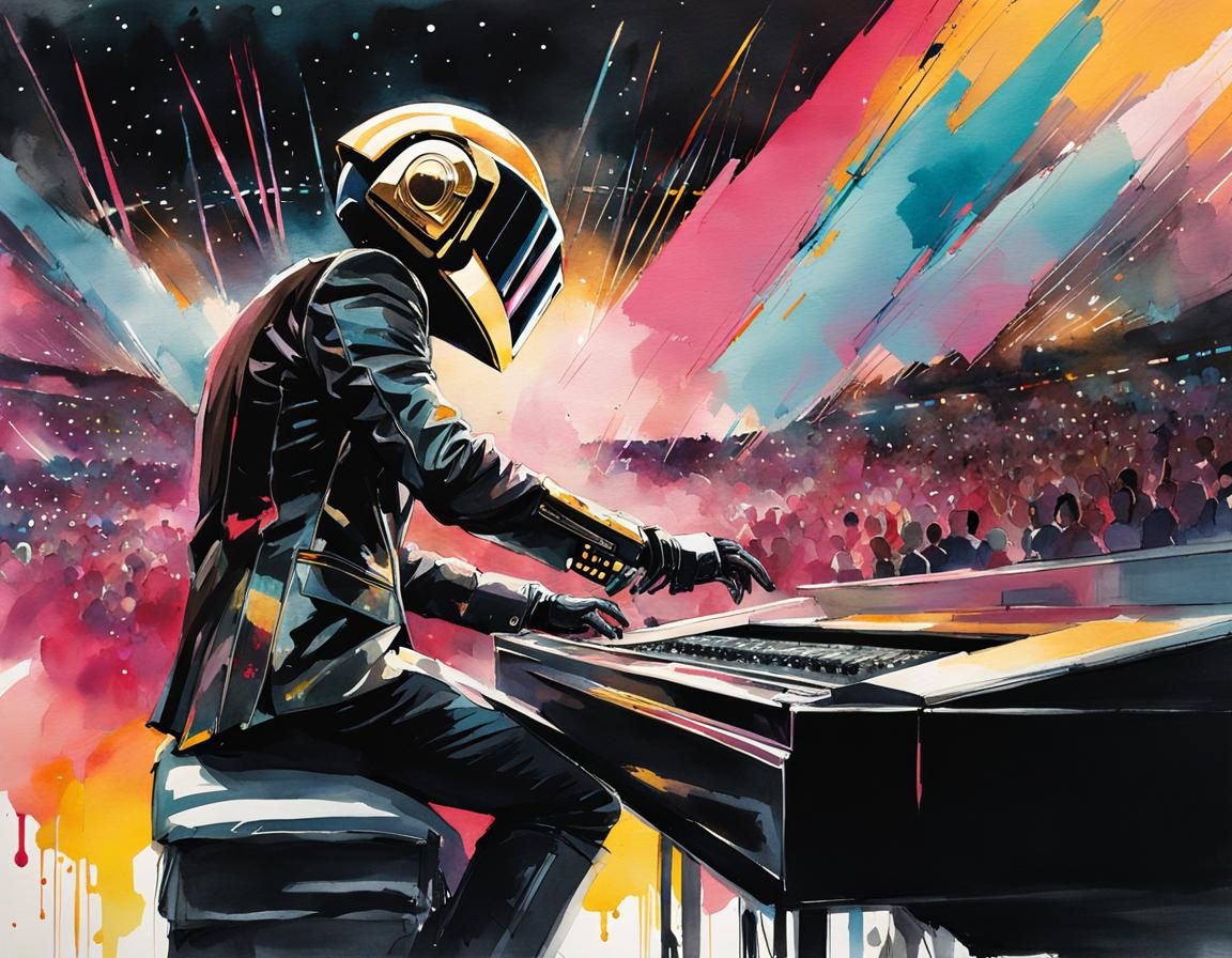 Daft Punk Concert in Watercolor Manga Landscape
