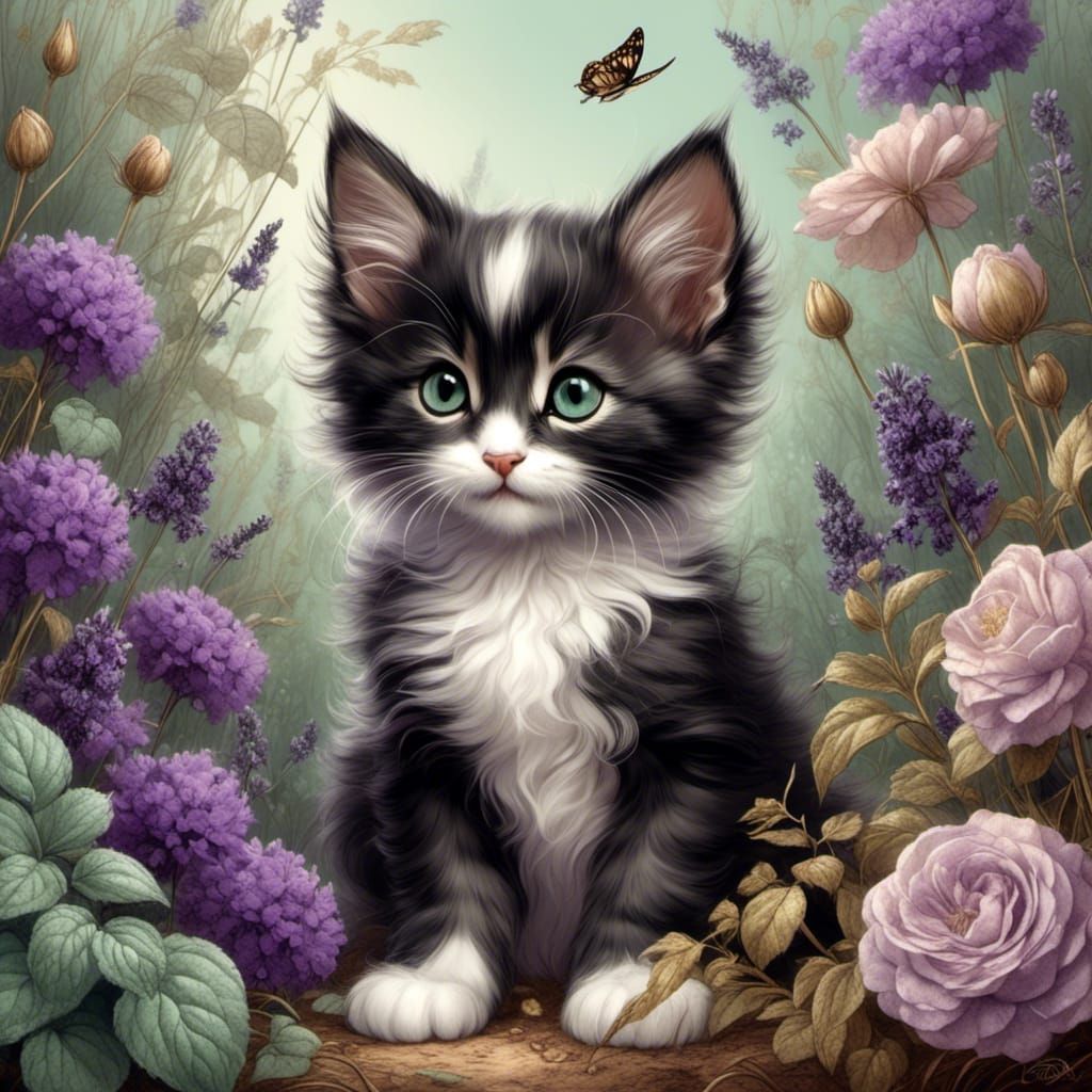 Kitten Playing in Witch Garden: Detailed Sketch