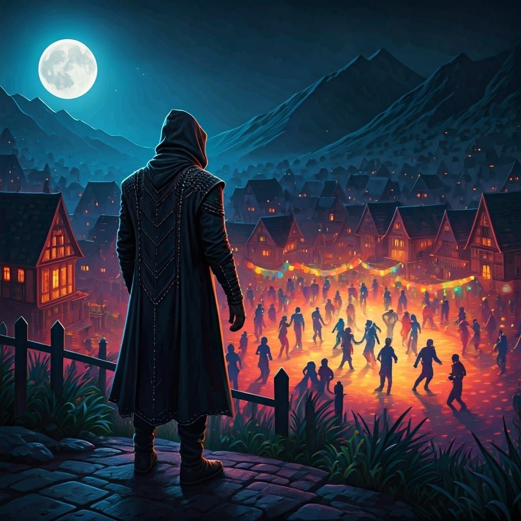 Mysterious Figure Overlooks Vibrant Disco Village at Night