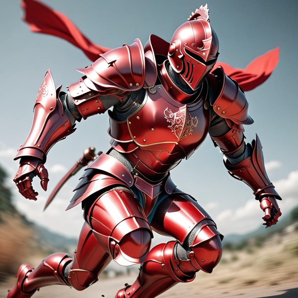 Anime Knight in Red Armor Attacks with Motion