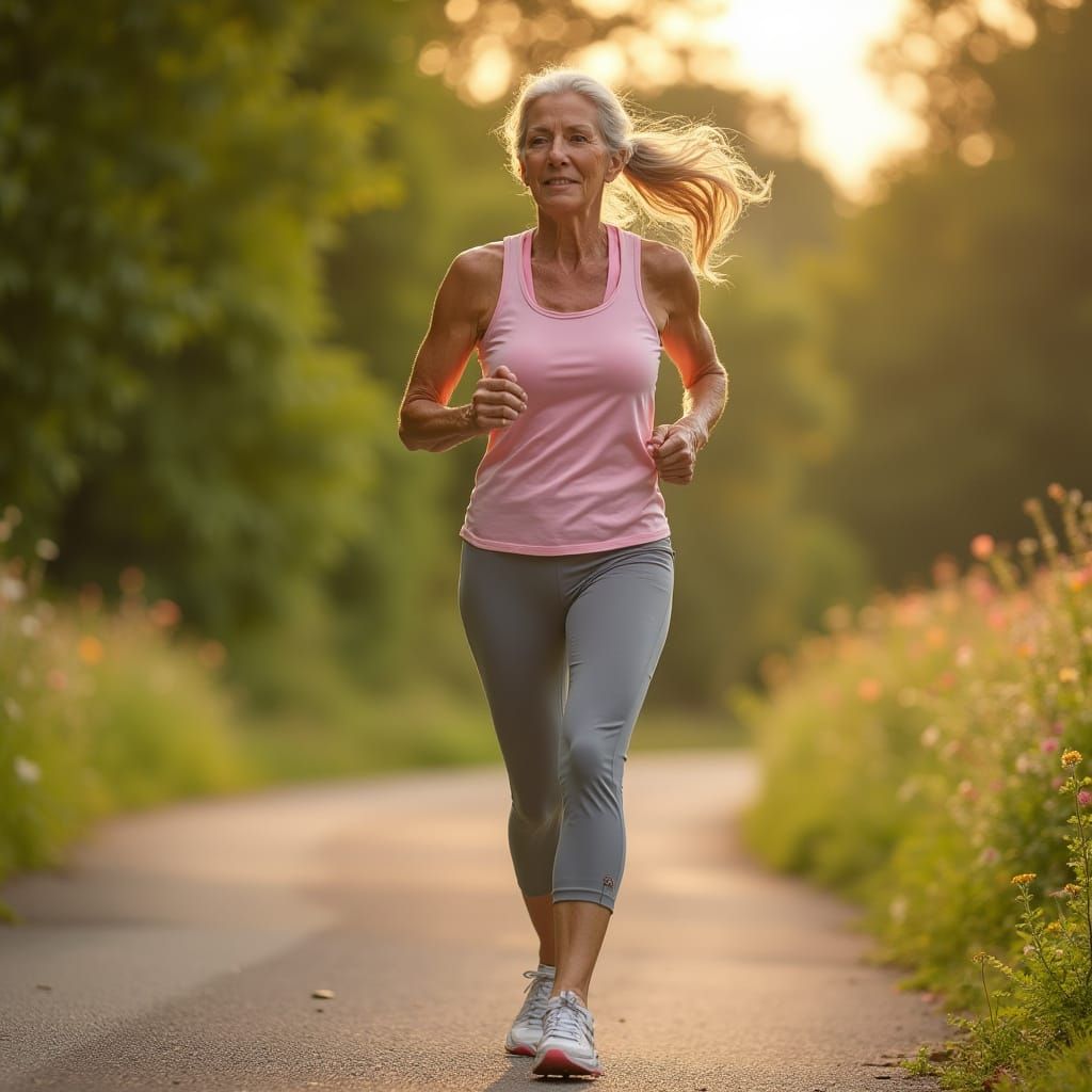 Determined Senior Woman Runs in Serene Summer Landscape