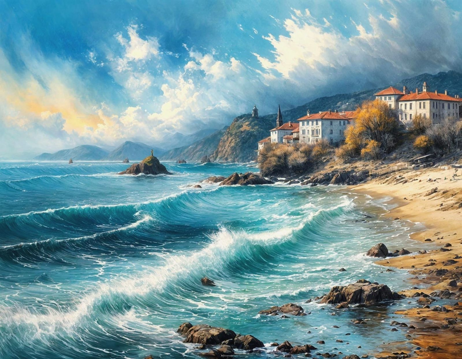 Enchanting Shore in Watercolor and Oil