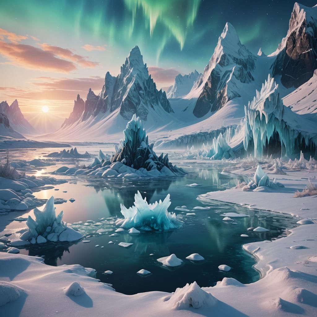 Arctic Landscape with Ice Trolls and Northern Lights