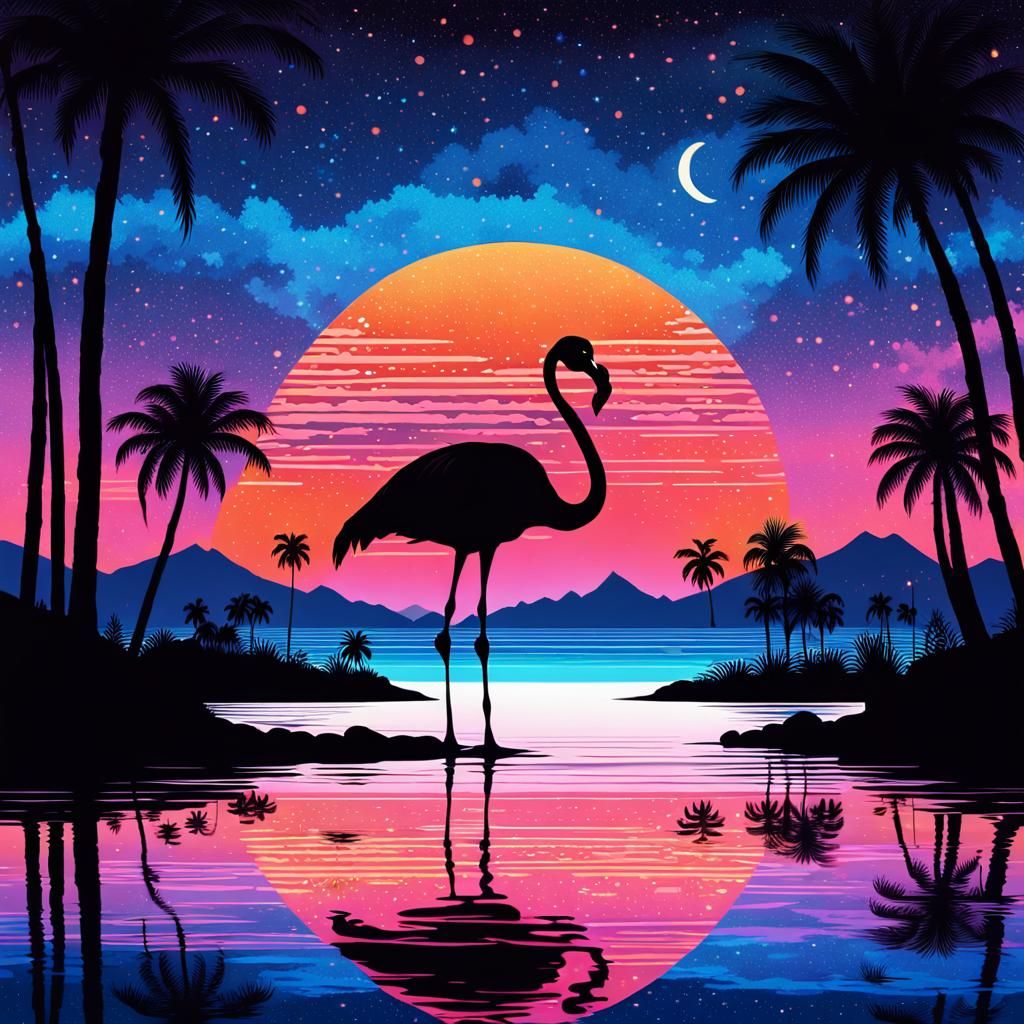 Ukiyo-e Flamingo Silhouette Under Neon Sunset