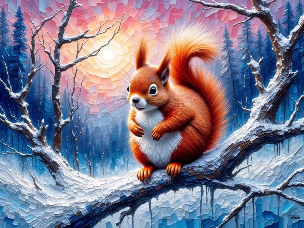 Red Squirrel in Snowy Forest Impasto Painting