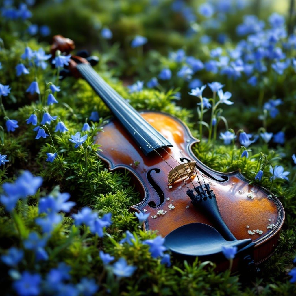Antique Violin Forgotten in a Lush, Emerald Green Meadow