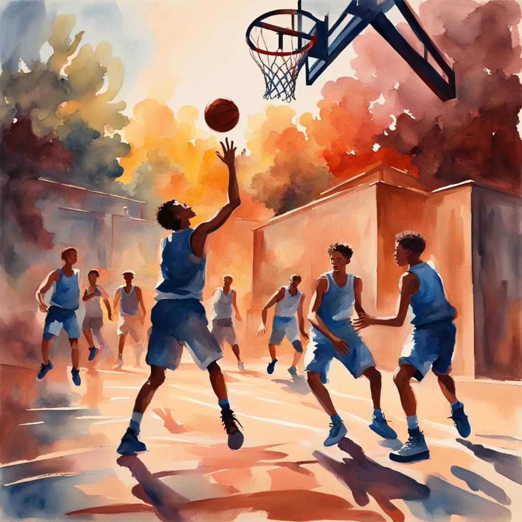Teenagers Playing Basketball in Gouache Style