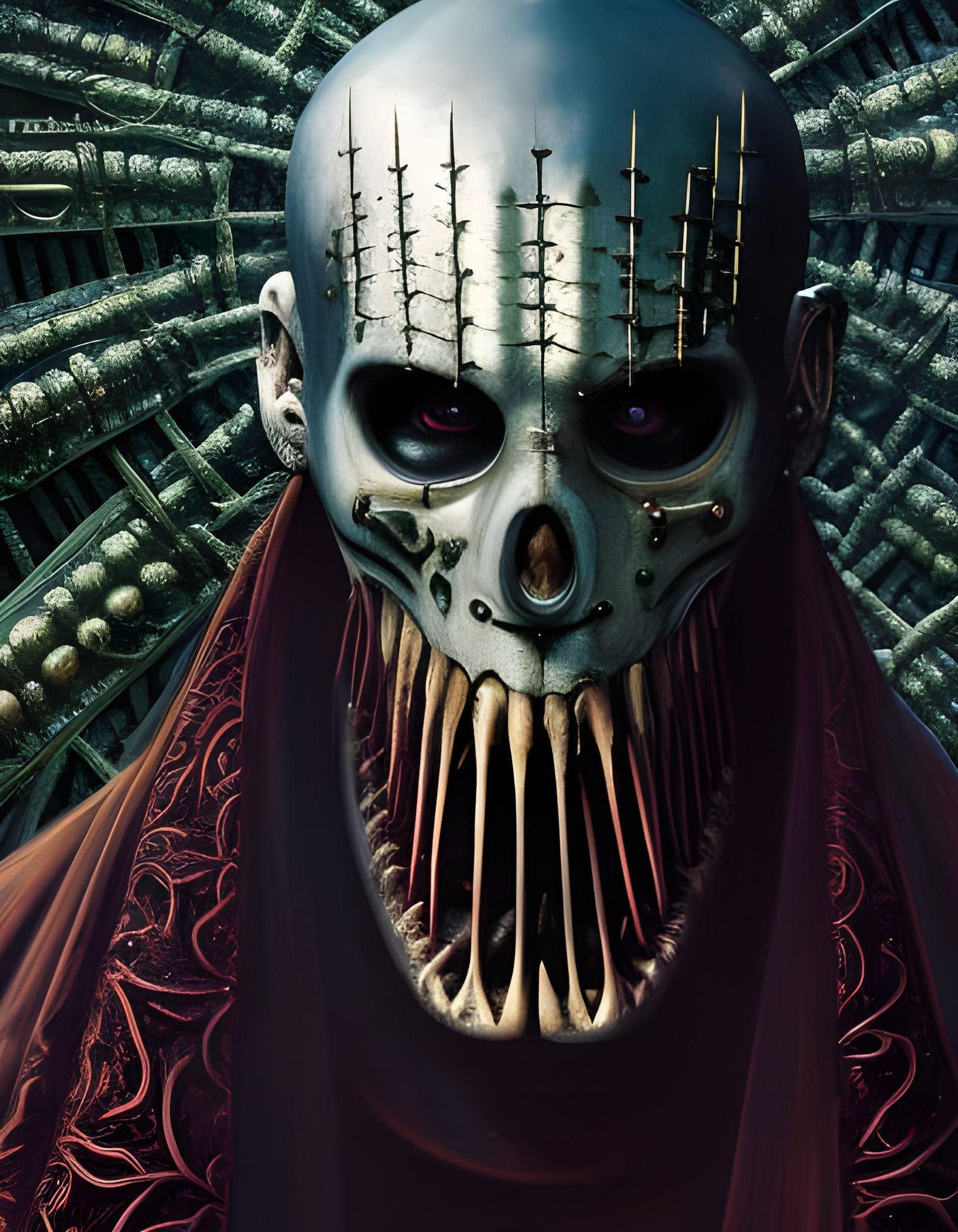 Hyperrealistic Pinhead Cenobite in Brutalist Bone Room