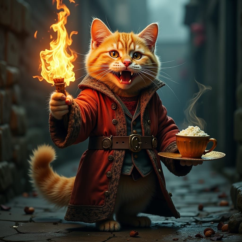 Cinematic Caribbean Castle Scene with a Grumpy Cat