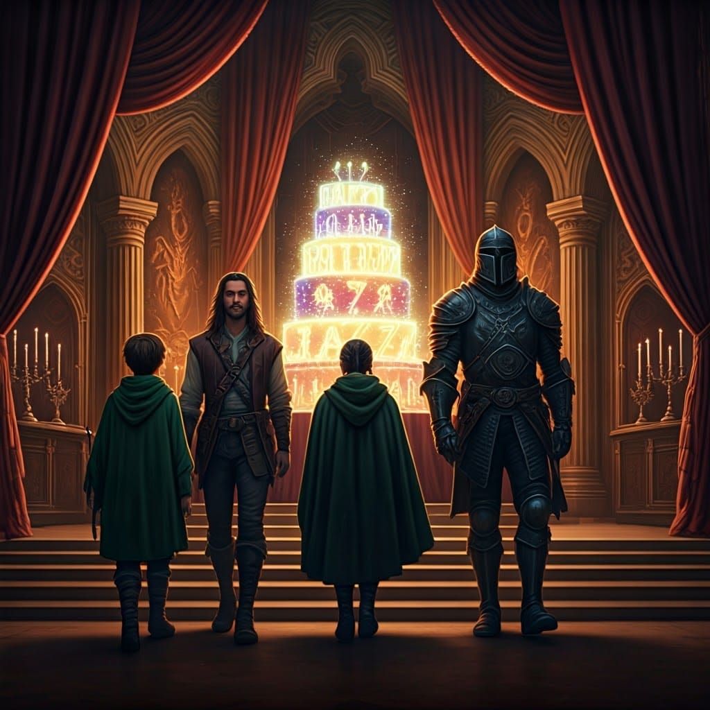 Regal Friends Gather Around a Lavish Birthday Cake in an Opu...