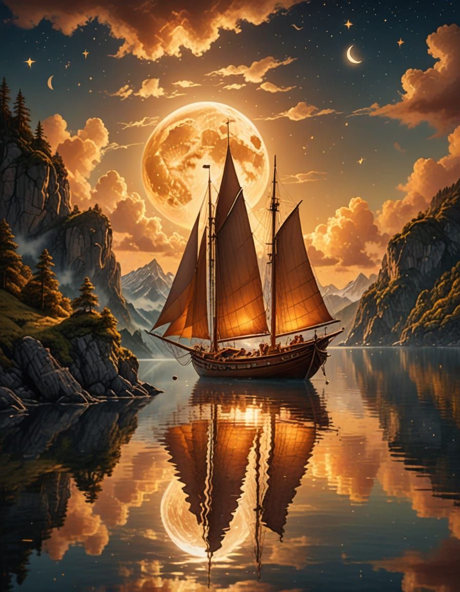 Amber Sails at Sunset: A Fantasy Seascape