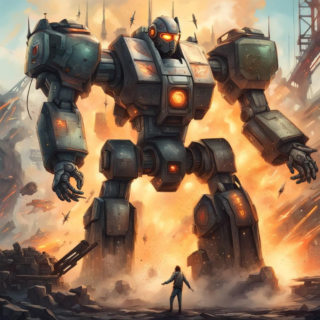 Pilot Enters War Robot Amidst Explosions