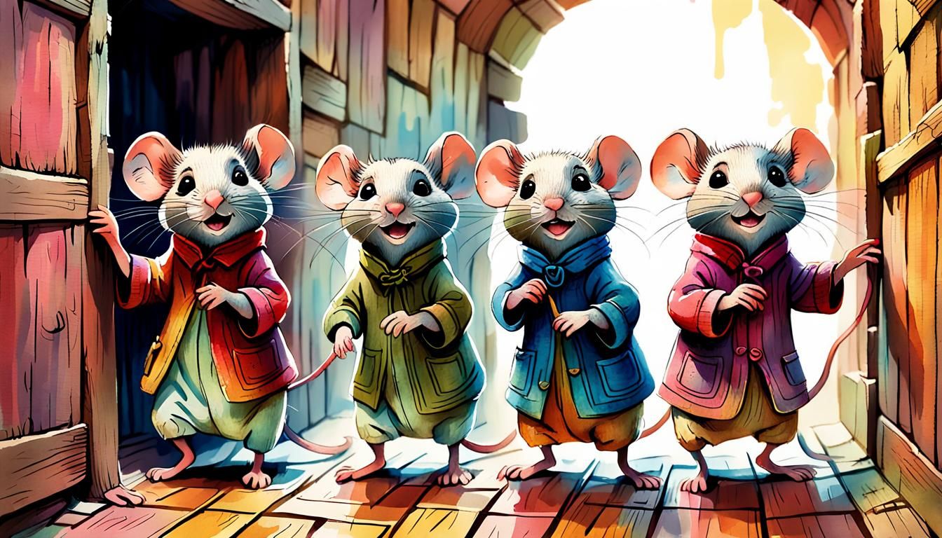 Whimsical Mice Navigate Maze in Storybook Illustration
