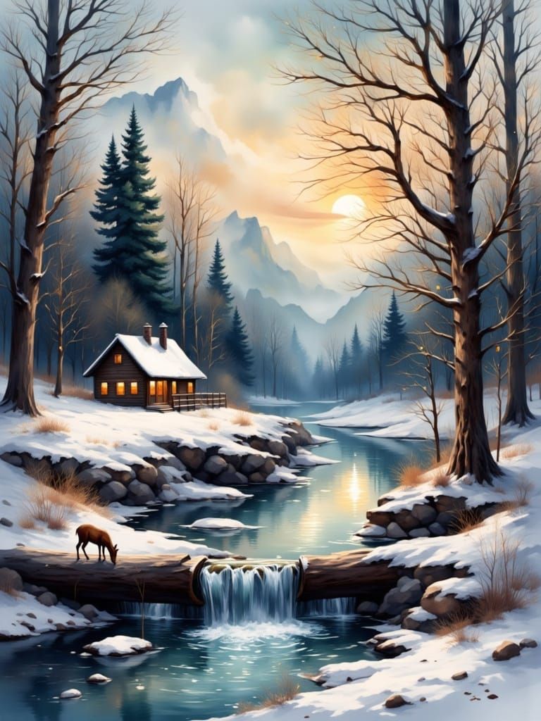Christmas Lights Adorn Winter Landscape Watercolor