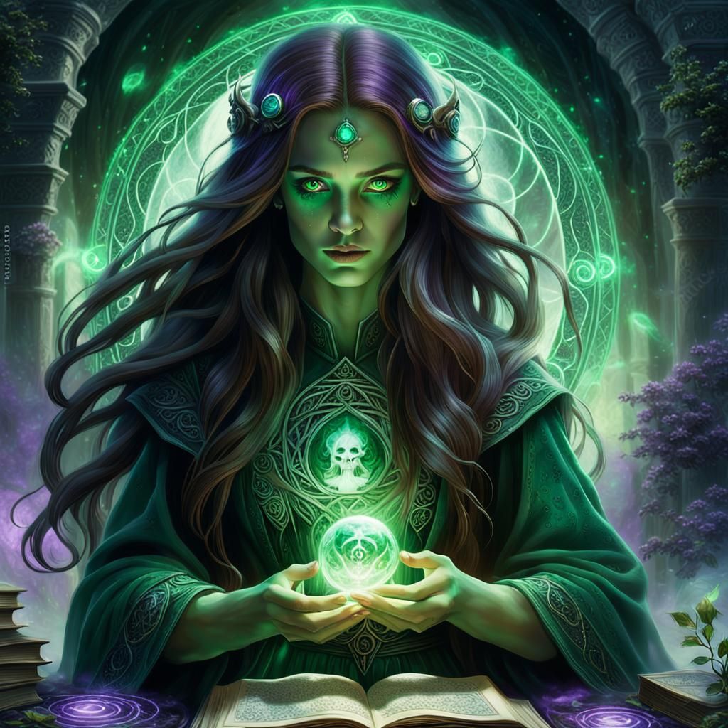 Emerald-Eyed Necromancer Invocation in Ethereal Fantasy Art