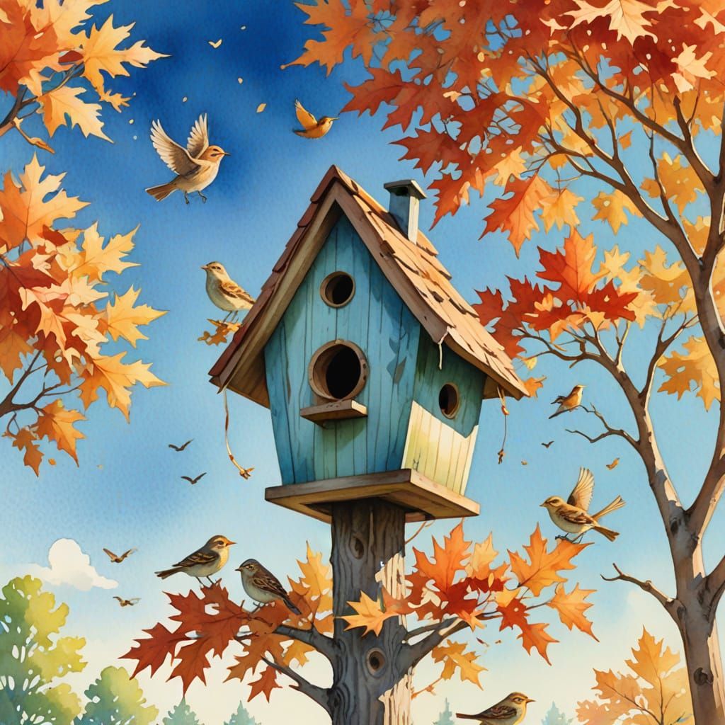 Skylarks Approach Birdhouse in Watercolor Style
