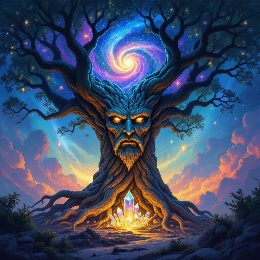 Ancient Cosmic Tree with Face in Nebula, Fantasy Art