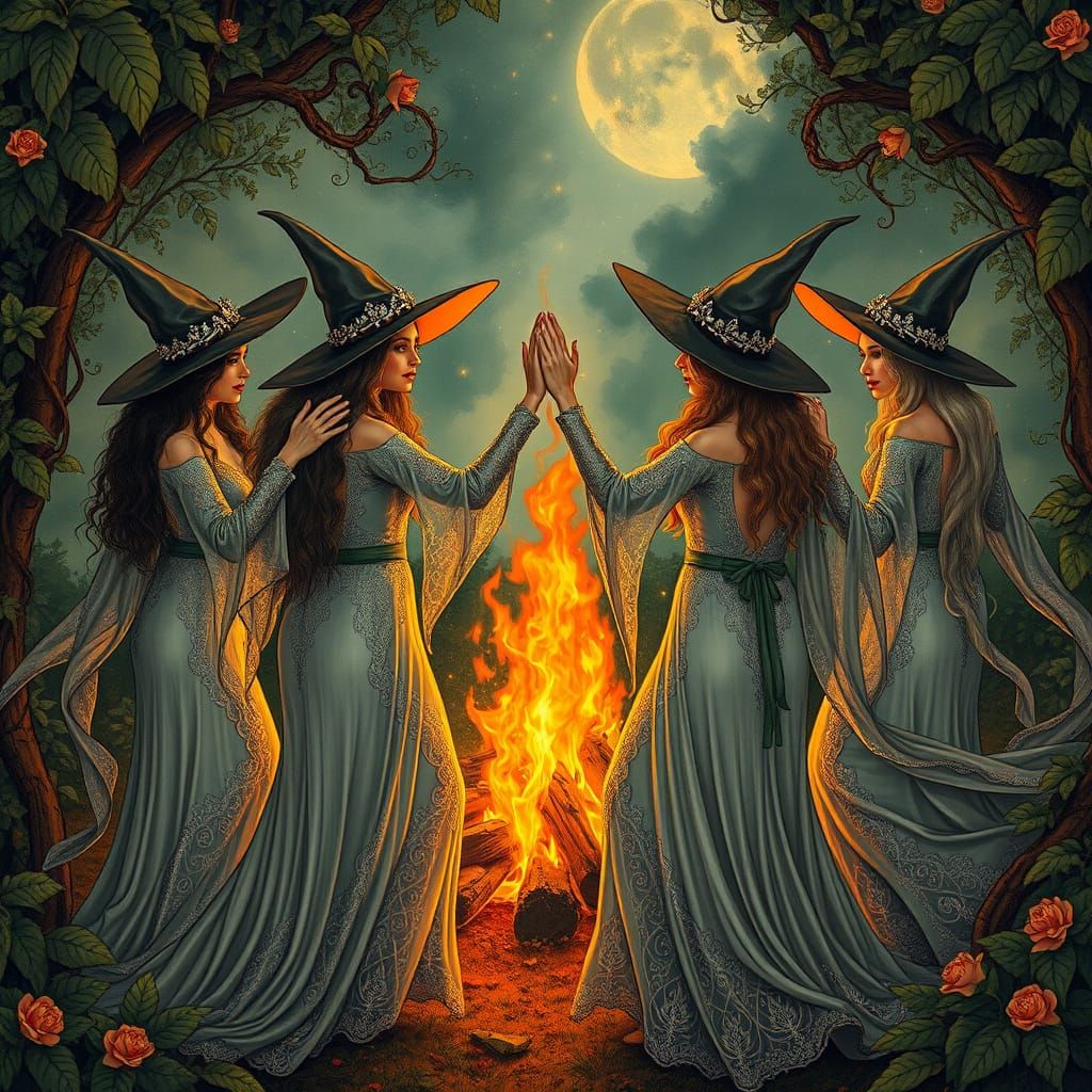 Witches' Bonfire Dance in Art Nouveau Style
