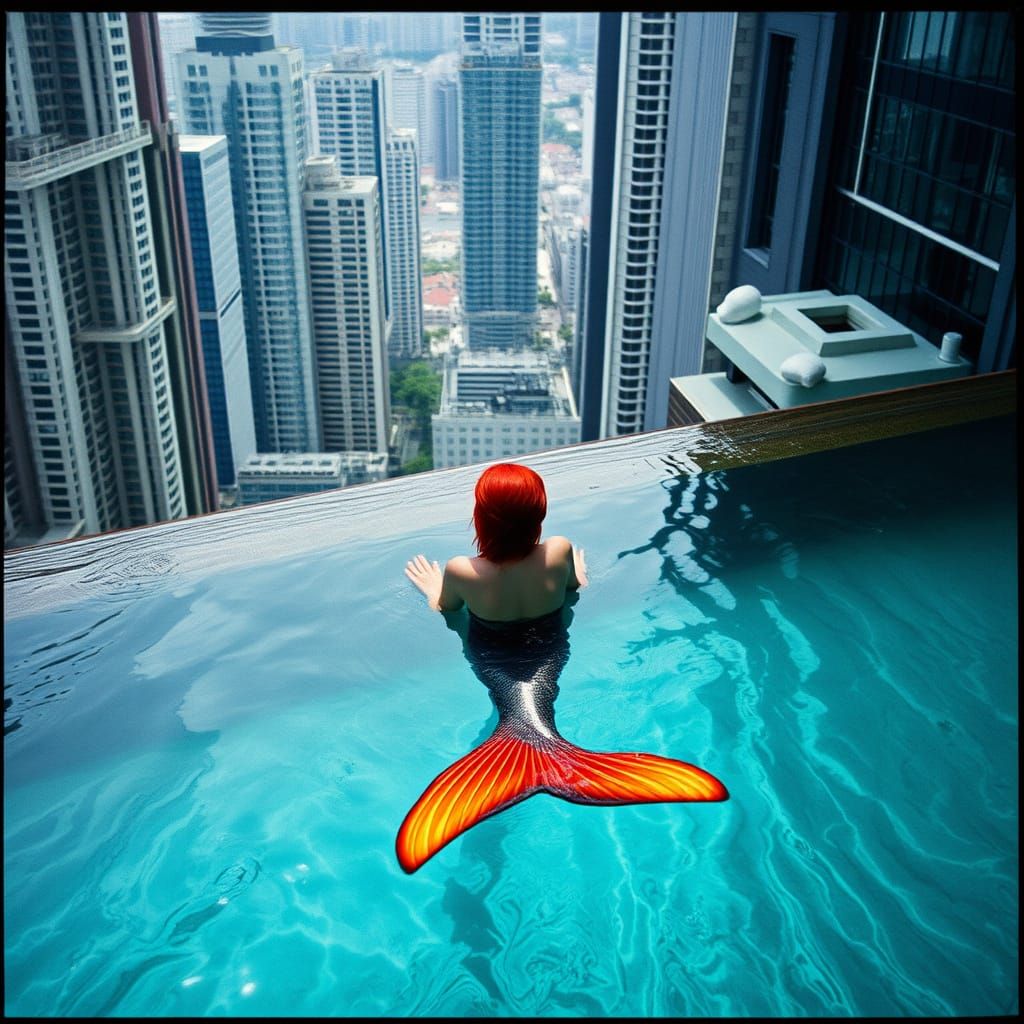 Dystopian Oasis in Singapore Cityscape with Mermaid