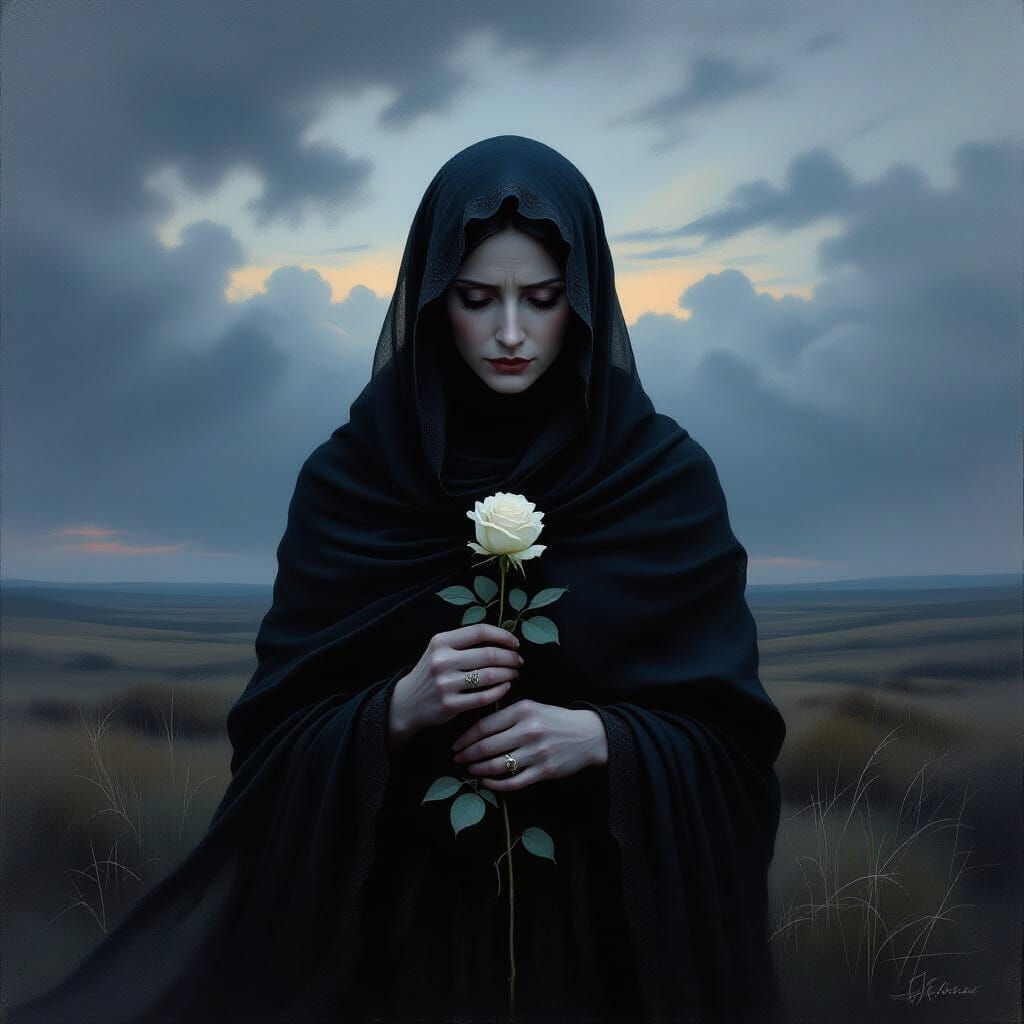 Grieving Widow on Windswept Moor Oil Painting