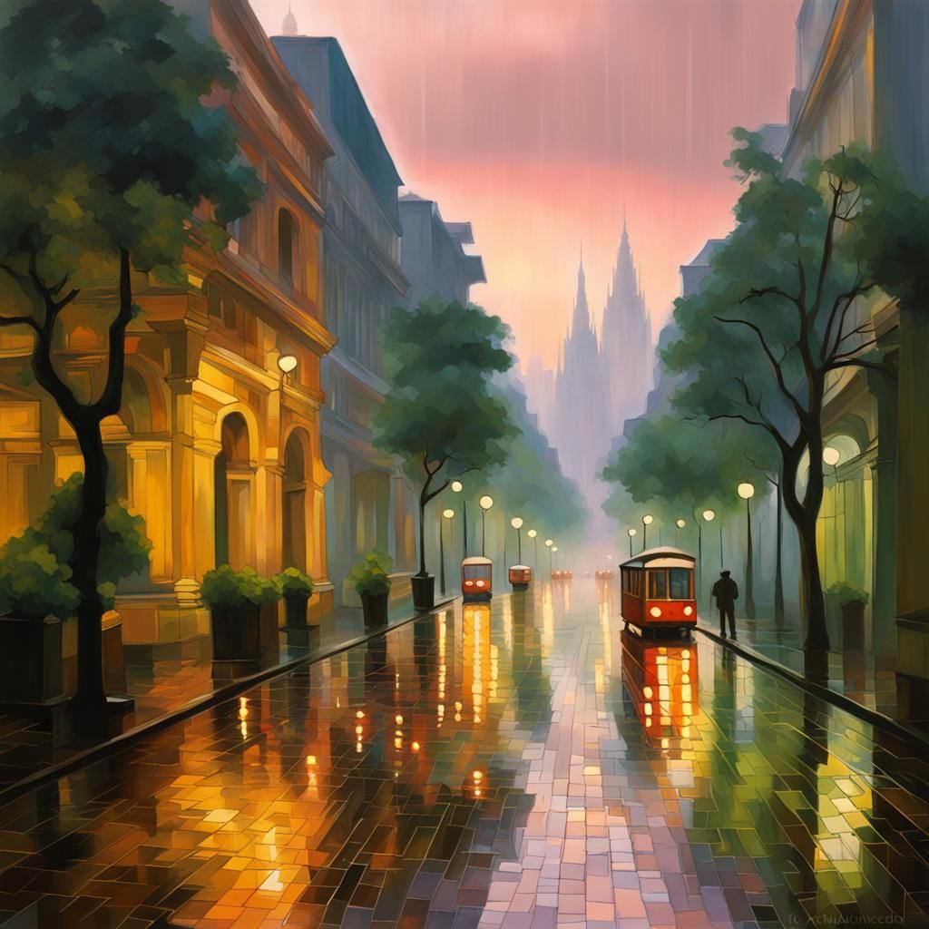Bangkok Prague Rainy Dawn Cityscape: Cubist Impression