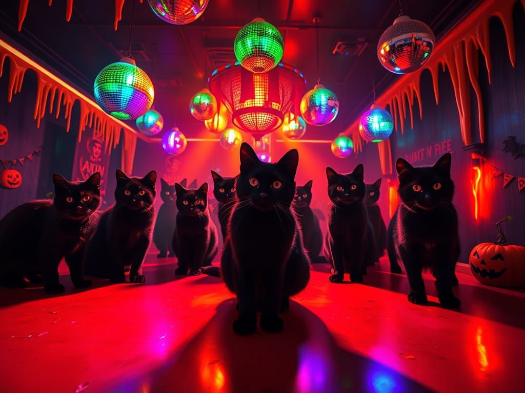 Black Cats Party in a Fluorescent Nightclub