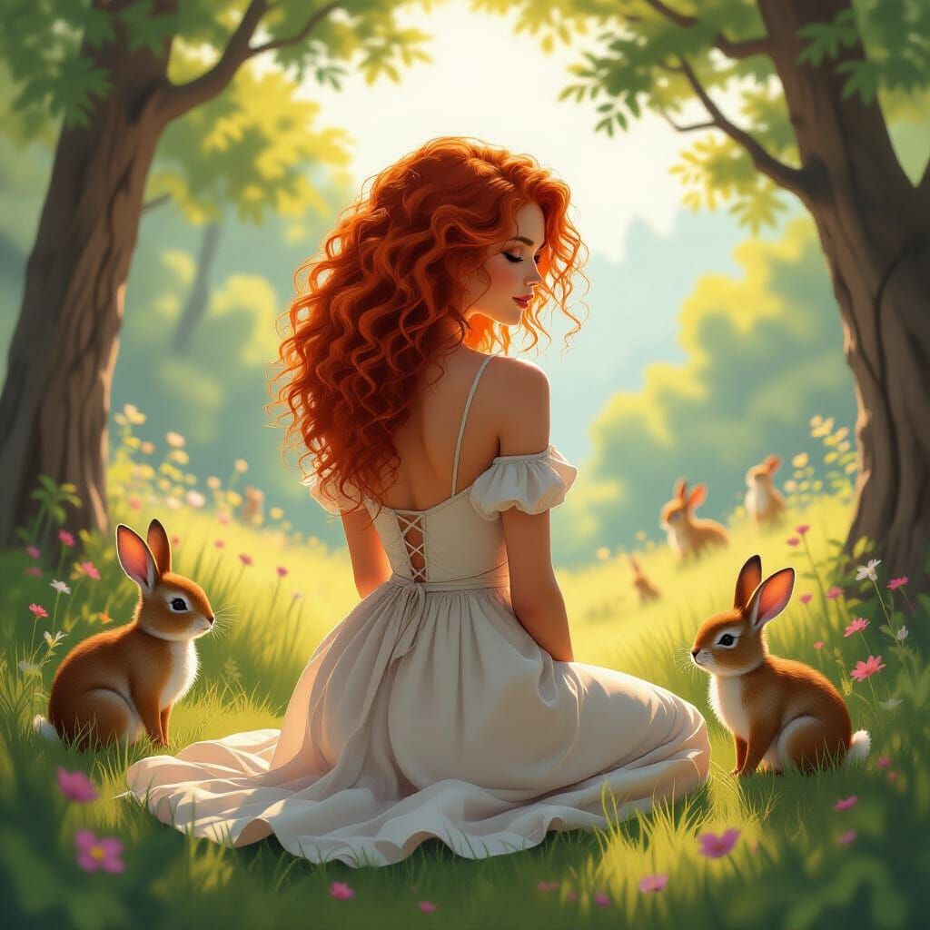 Red-Haired Woman in Bucolic Scene, Whimsical Illustration