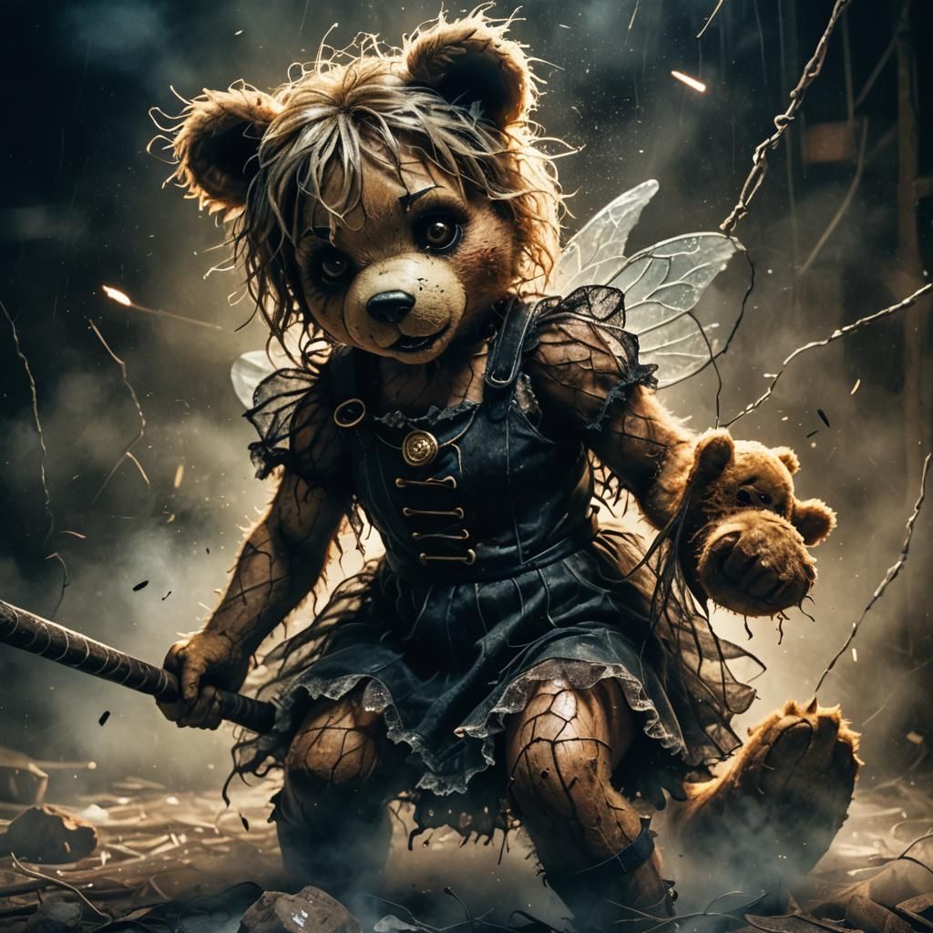 Fairy Brutally Attacks Teddy Bear: Dark Fantasy Illustration