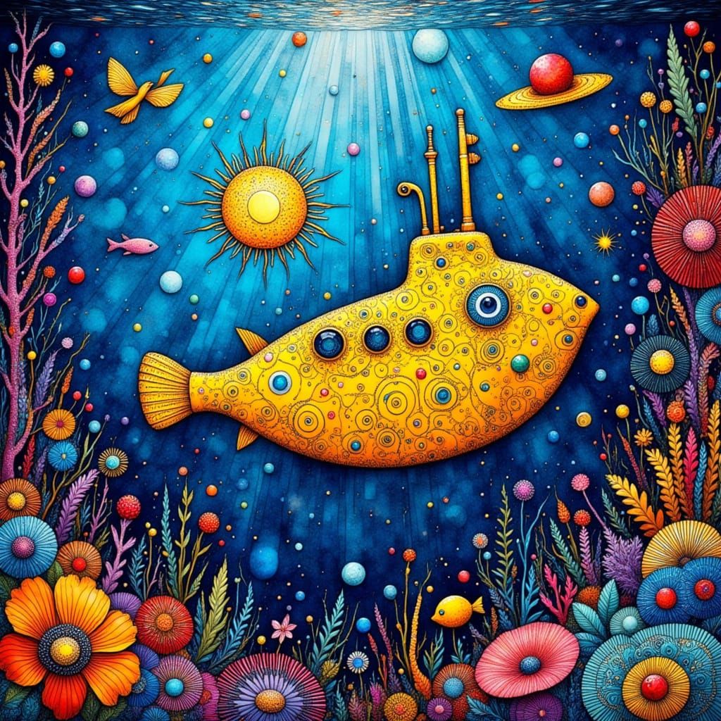 Yellow Submarine in Psychedelic Ocean Zentangle Style