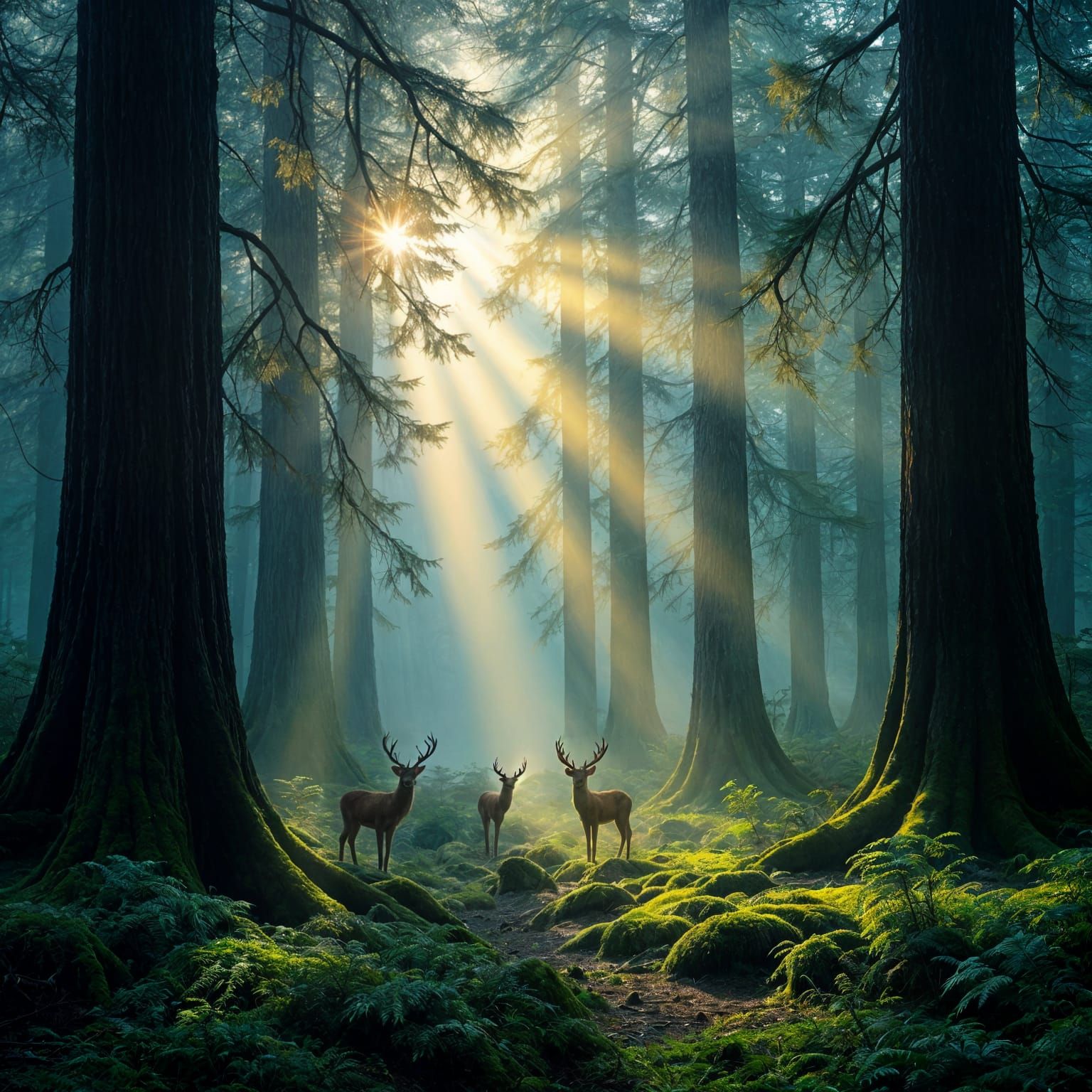 Misty Forest Scene with Deer and Golden Light