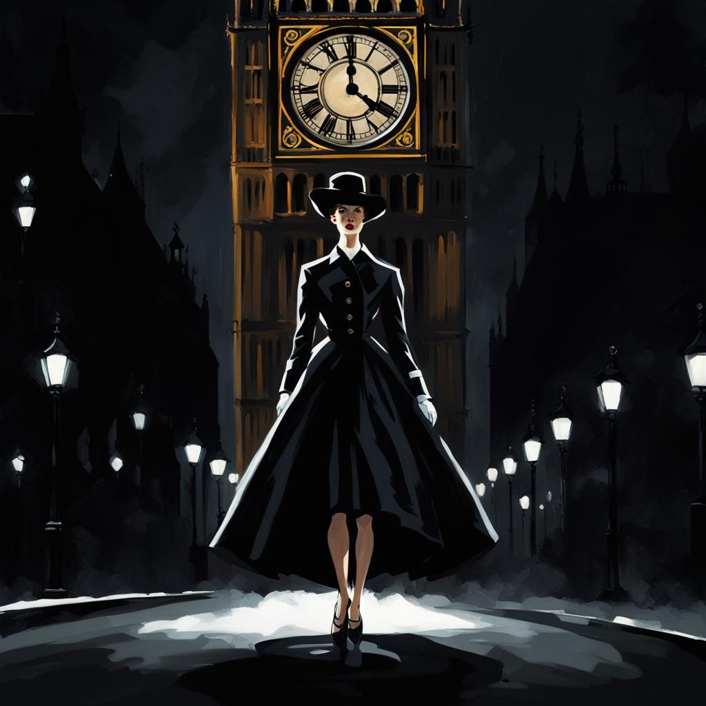 Fashion Illustration Under Big Ben in Crime Noir Style