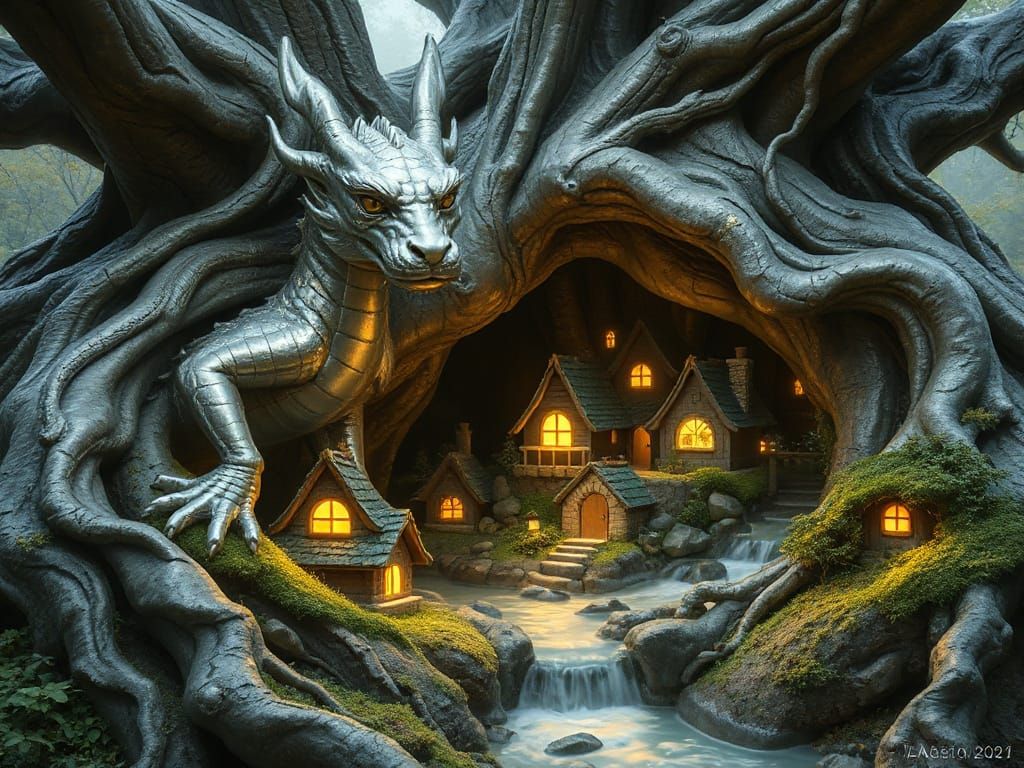 Kintsugi Silver Dragon Guarding Gnome Village