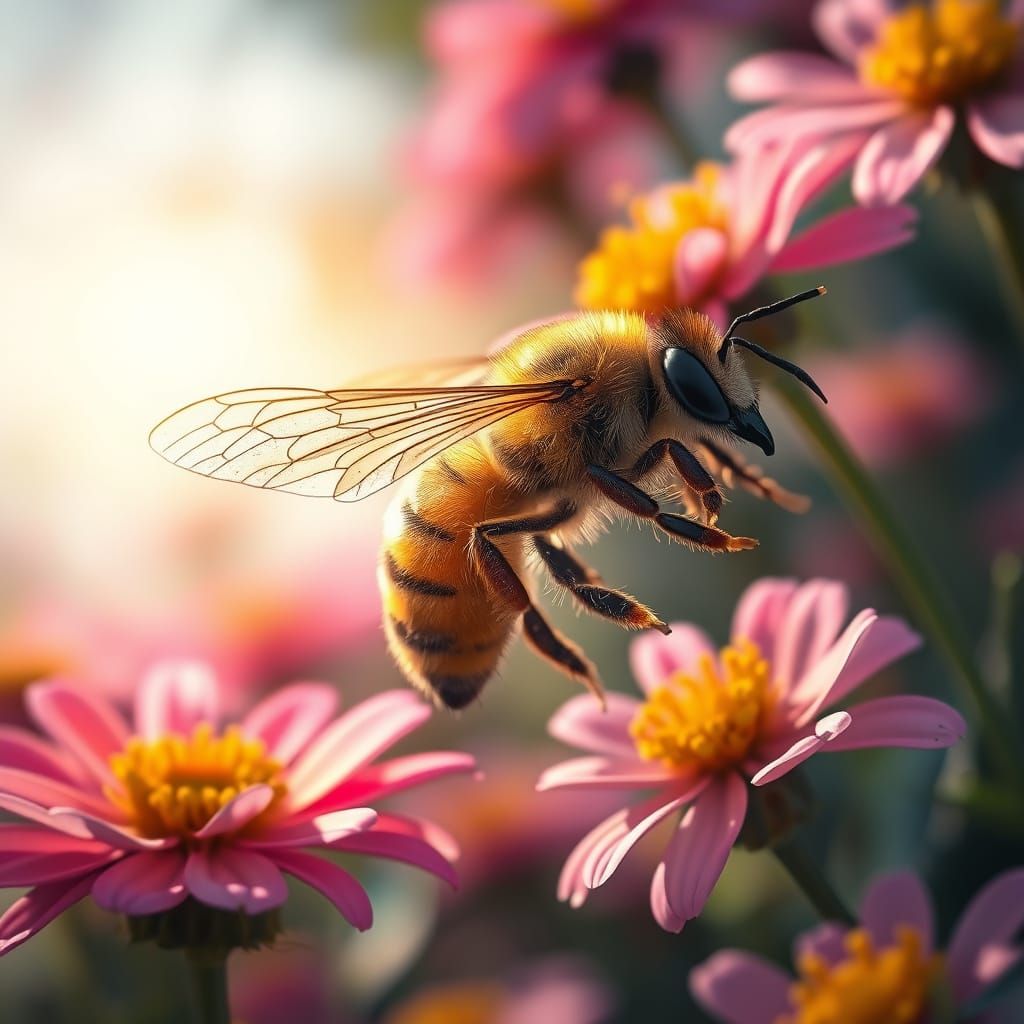 Hyper-Realistic Bee in Sun-Dappled Garden