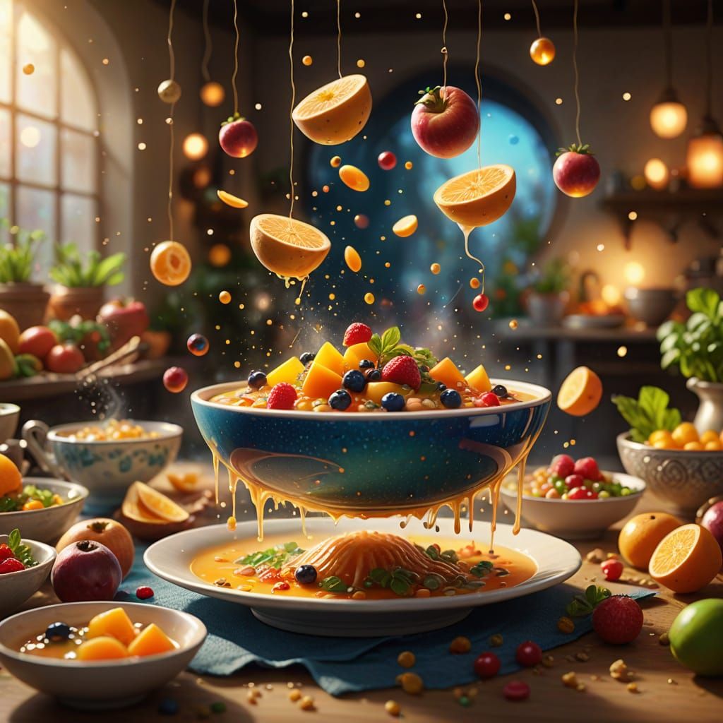 Magical Levitating Food Scene in Dreamy Atmosphere