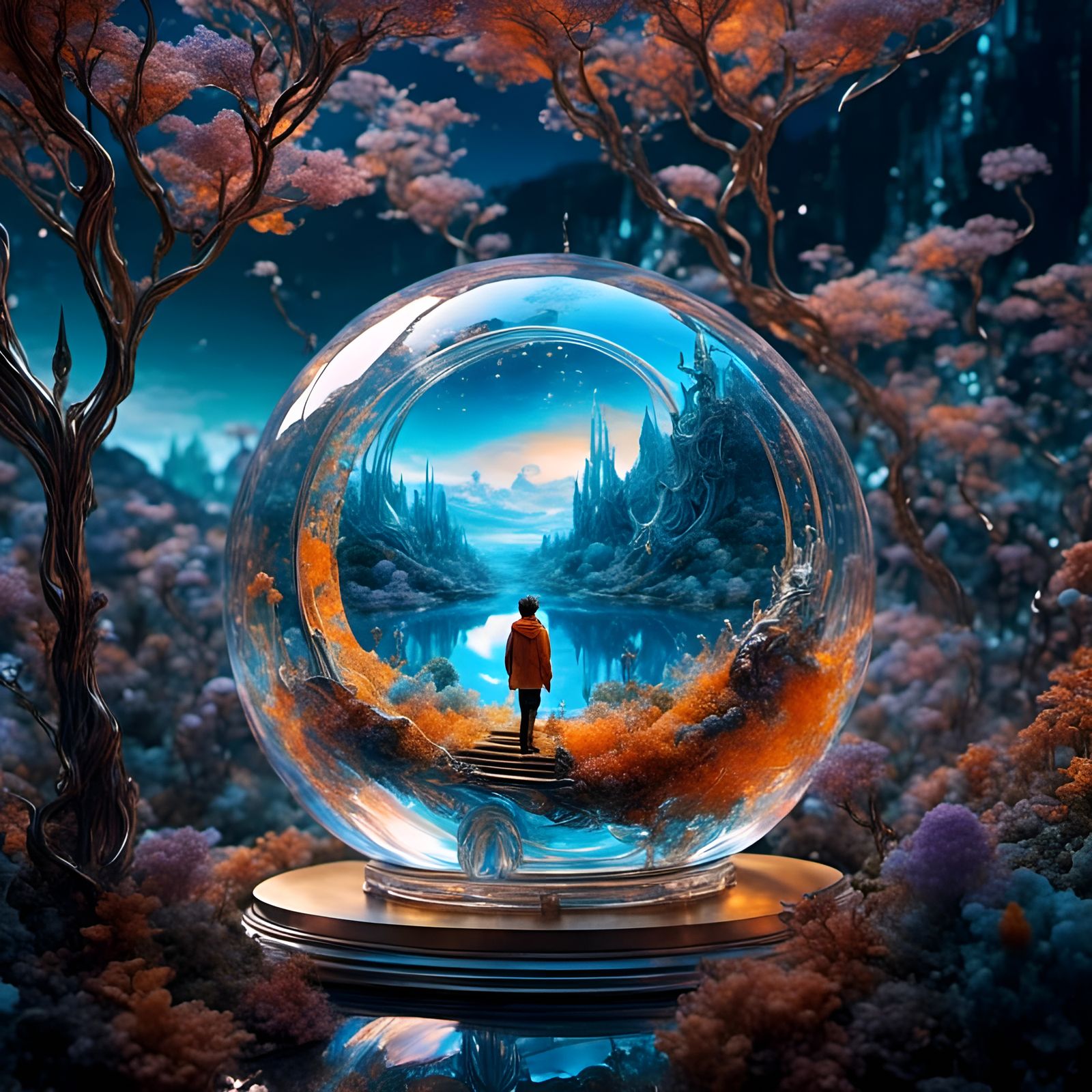 Orange and Blue Fantasy Landscape Inside Glass Ball