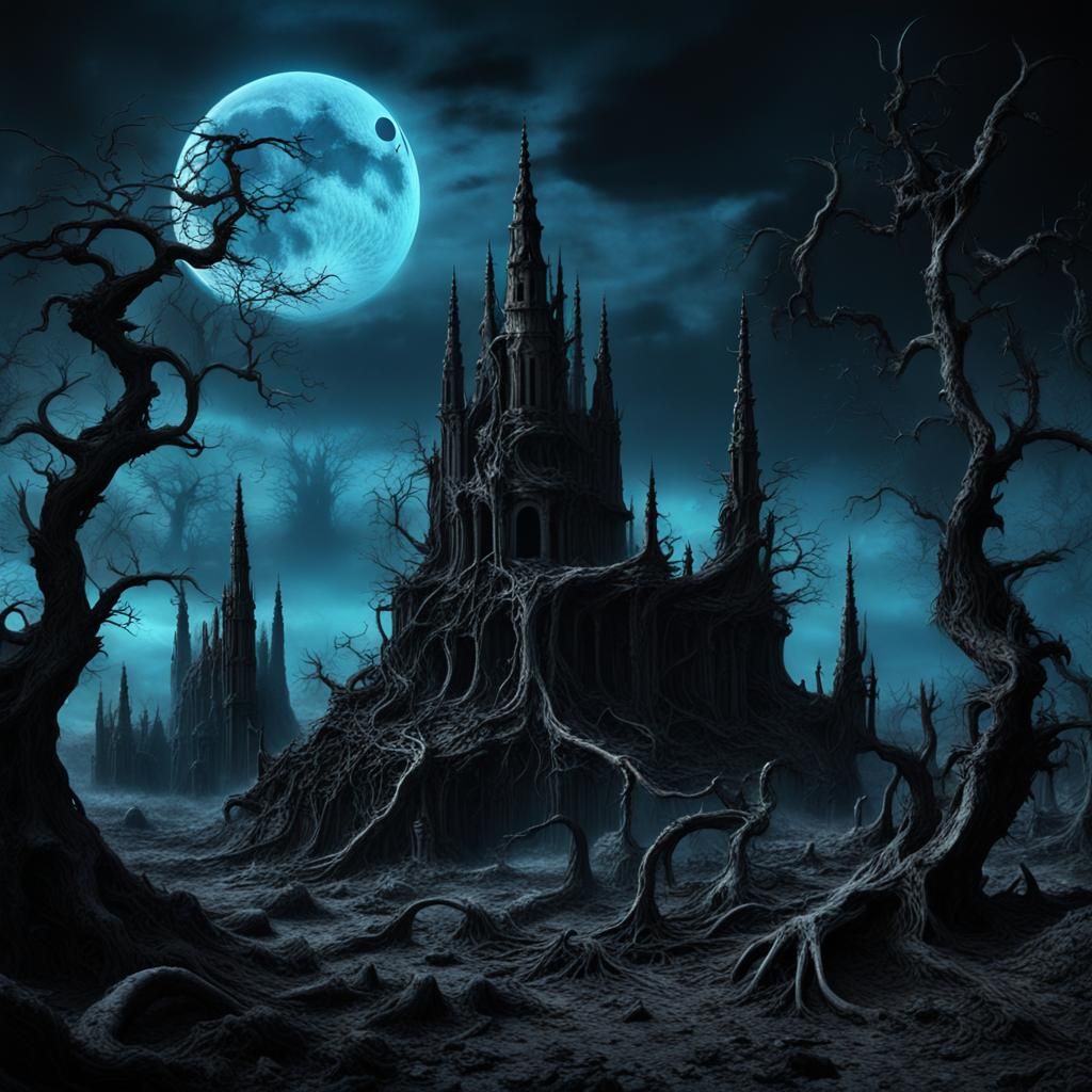 Black Moon Over Ruined Netherworld Landscape