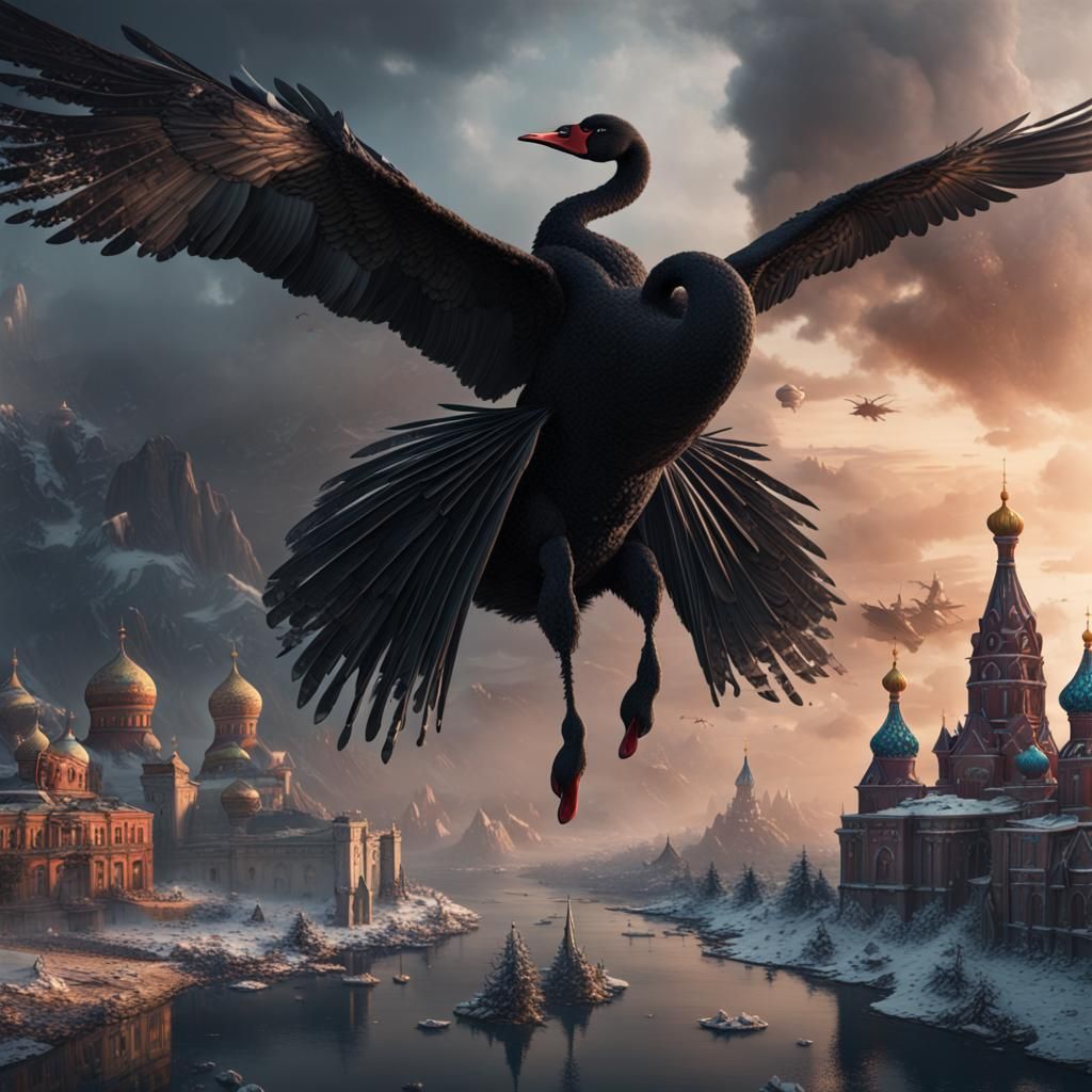 Black Swan Drone Destroys City, Detailed Matte Painting