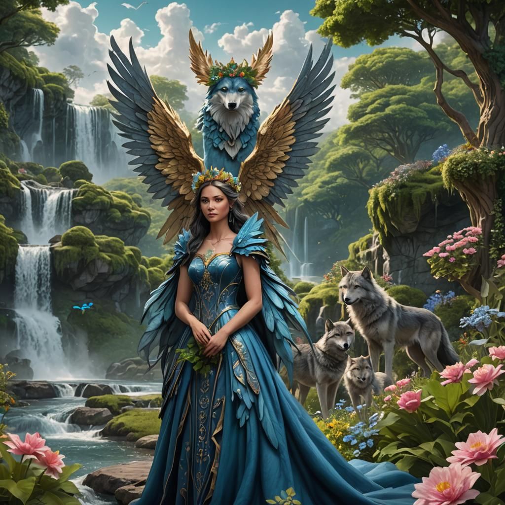 Fairy and Wolf in Fantastical Landscape