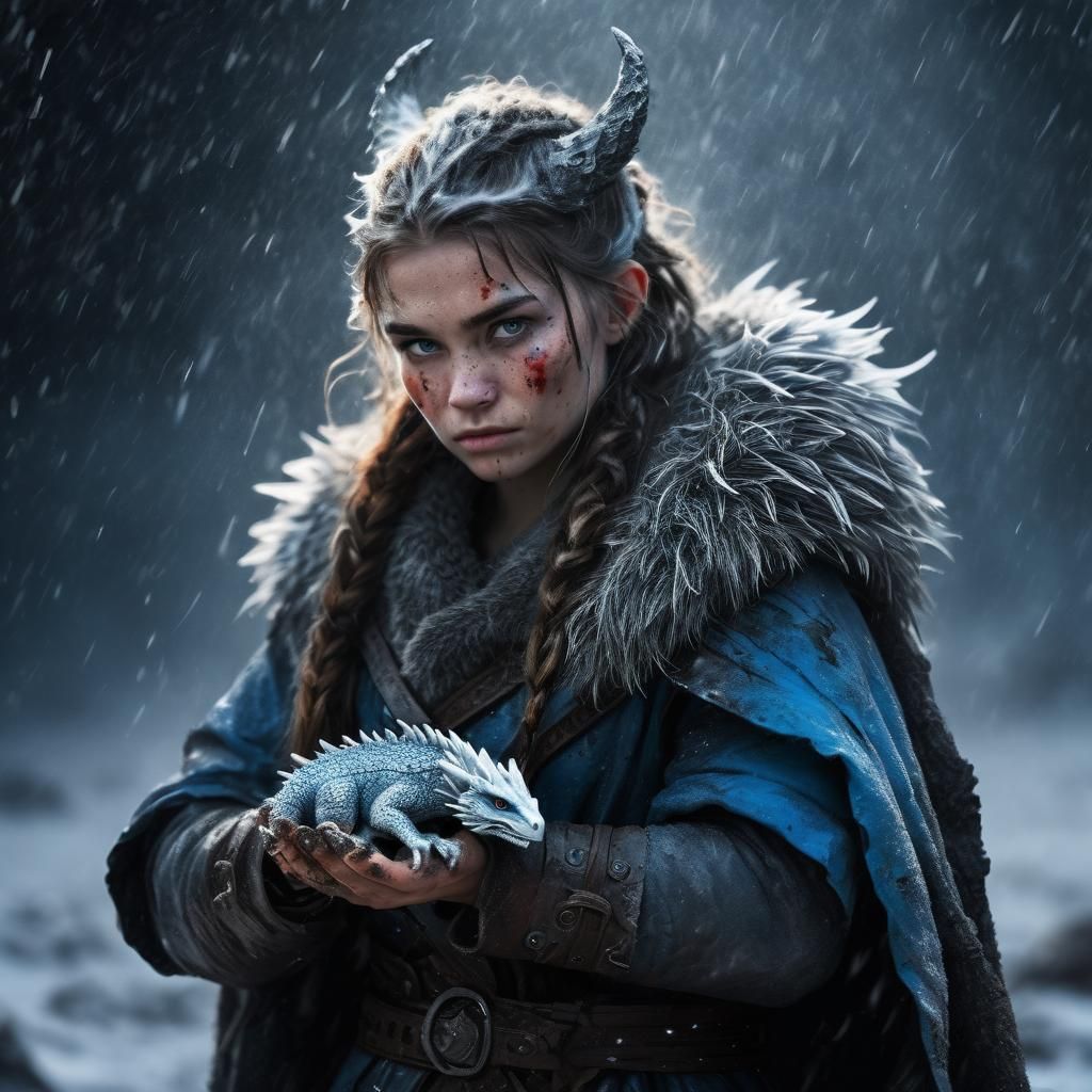 Viking Woman with Dragon in Snowstorm: Rough Texture Art
